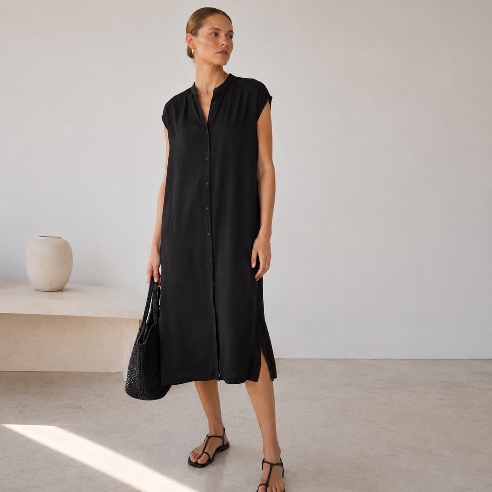 & Other Stories Black Midi Shirt Dress Minimal Scandinavian Sleeveless Size 10